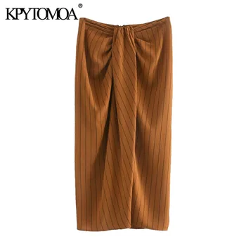 

KPYTOMOA Women 2020 Chic Fashion With Knot Printed Midi Skirt Vintage High Waist Back Zipper Front Vents Female Skirts Mujer