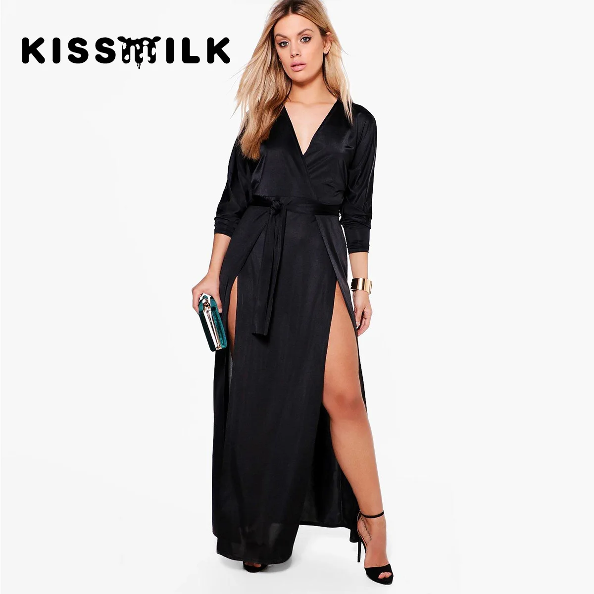

Autumn Europe And America Large Size Simple Solid Color Satin Waist Hugging Lace-up Bilateral Slit Dress