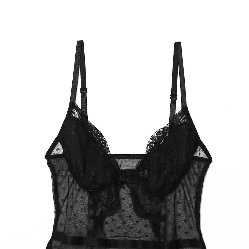 ArtSu Sexy Mesh Lace Transparent Bodysuits 2Pieces Set Nightwear Women Bodycon Polka Dot Bodysuit See Through Catsuits ASJU60396