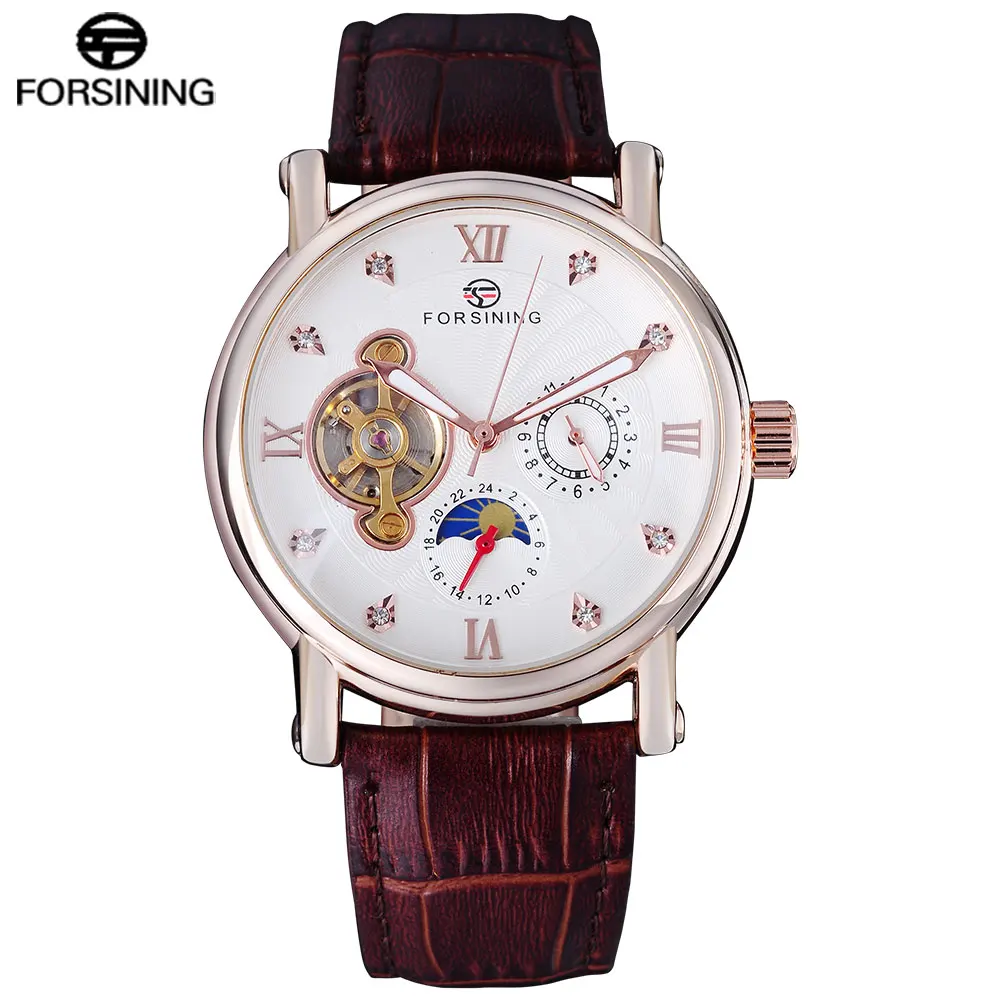 rose gold white FORSINING, Мужские автоматические часы с фазой Луны, мужские механические часы с турбийоном, мужские римские стразы, 24 часа, часы из розового золота - Цвет: rose gold white