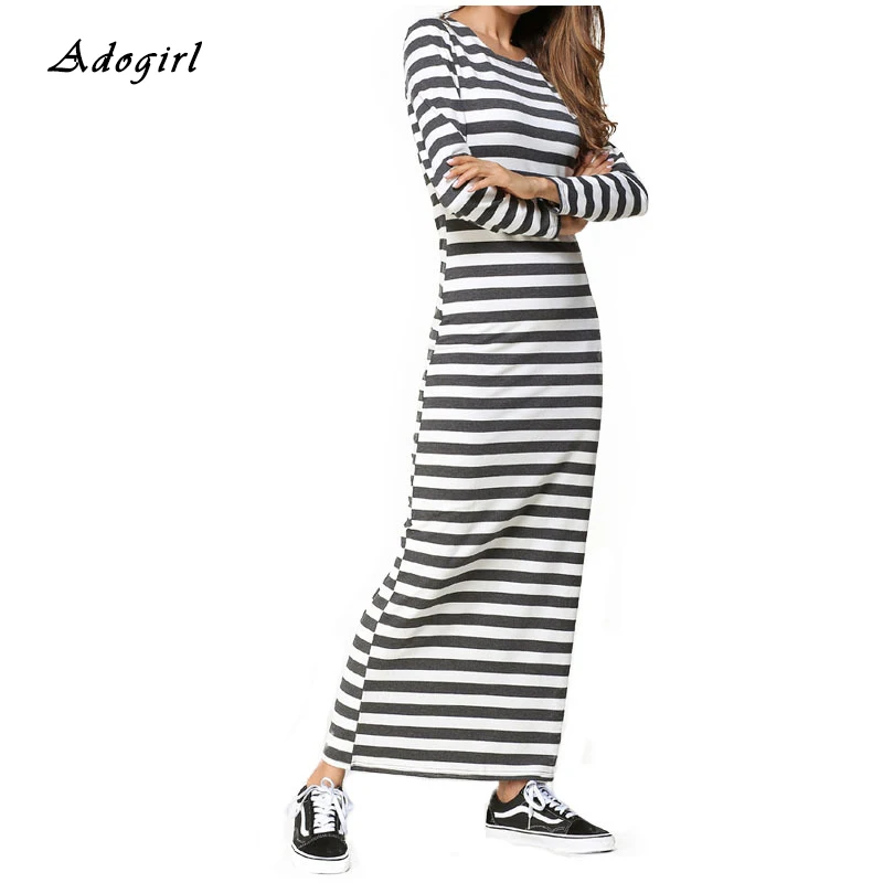 2020 Spring Striped Long Dress Women Casual Sleeve O Neck Bodycon Women's Elegant Slim Outwear Maxi Vestidos | Женская одежда