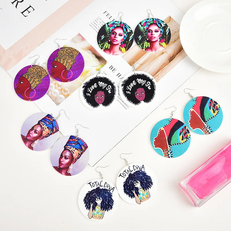 

Exaggerated fashion and personality African head pattern round the wood earrings earrings earrings manufacturers selling