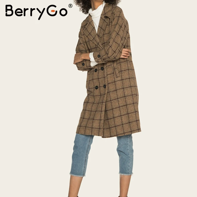 BerryGo Винтаж твидовый в клетку длинное пальто для женщин осень зима офисные женские пальто свободные пуговицы карманы женское теплое пальто из смешанной шерсти