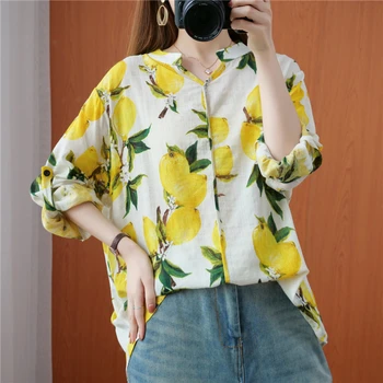 

COIGARSAM Full Sleeve blouse women New Print Loose Cotton Linen V-Neck blusas womens tops and blouses Beige 1073