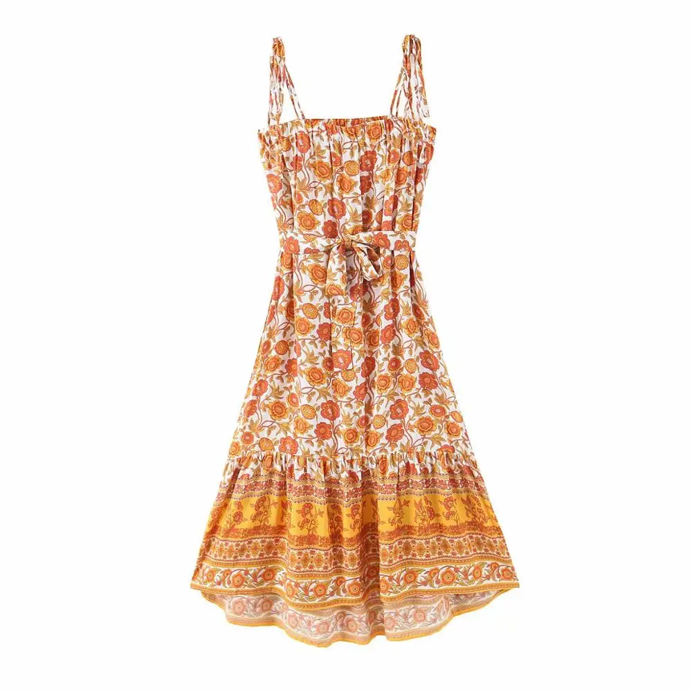 

chic ZA women summer Bohemian floral midi dress slash neck pleated bow waistband ladies stylish ruffles dresses summer vestidos