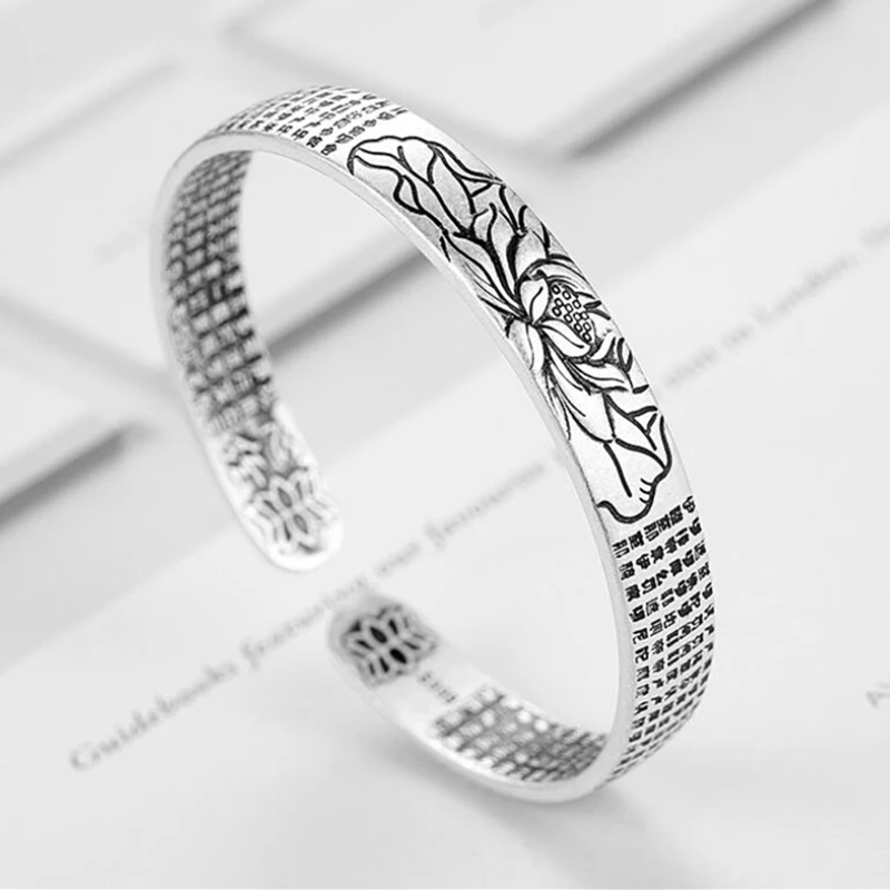 925 sterling silver Винтажный 925 пробы Серебряный Амулет Будда Лотос Балтики буддийские Писания тайские серебряные браслеты из манжеты и браслеты - Gem Color: 925 sterling silver