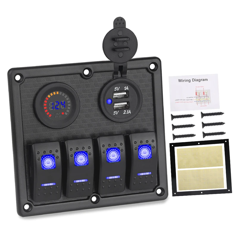 4 Gang Led Rocker Switch Panel 12v 20a 24v 10a Dual Usb Charger Digital Voltmeter Car Marine Boat Switch Panel Circuit Breaker Car Switches Relays Aliexpress