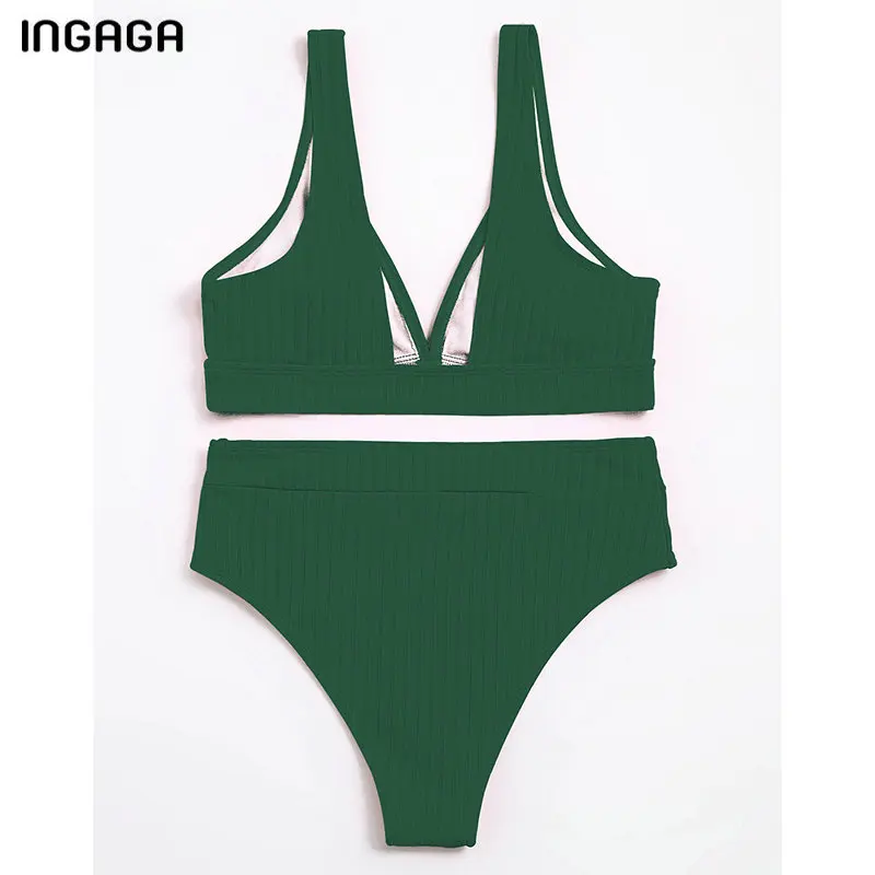 Бикини женское однотонное с V-образным вырезом и высокой талией ...