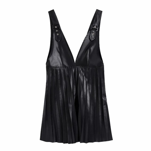 Women PU Leather Deep V Neck Pressed Pleat Splicing Mini Dress Female Sleeveless Clothes Casual Lady Loose Vestido D6967 1