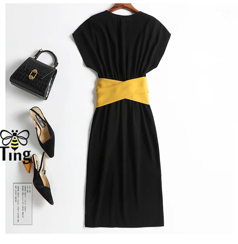 Tingfly Summer Elegant Office Lady Work Dress V neck Print Split Knee Length Dress with Sashes Plus size Dress 2XL