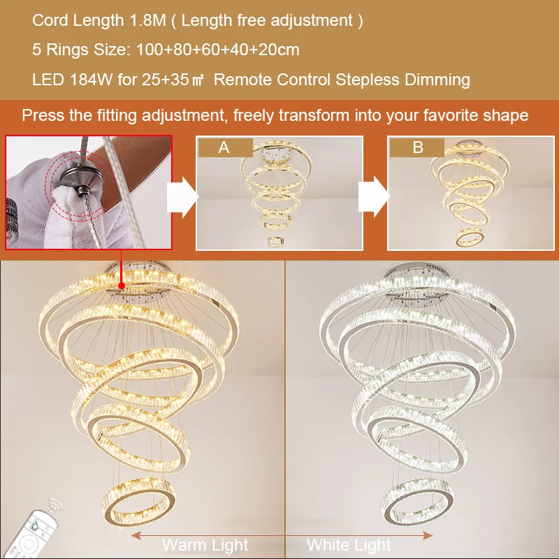 5 Rings 100cm Современная Великолепная Хрустальная подвеска из колец, Светильники для виллы, гостиной, большой подвесной светильник, затемняющий освещение, потолочный светильник для спальни - Цвет корпуса: 5 Rings 100cm