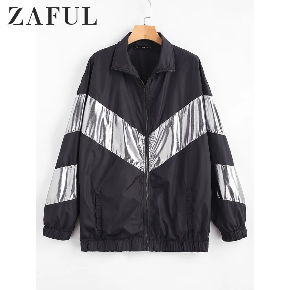 

ZAFUL Two Tone Loose Zip Up Coat Women Cool Longline Wide-waisted Long Sleeve Zipper Tops Patchwork Streetwear Hip Pop Jackets