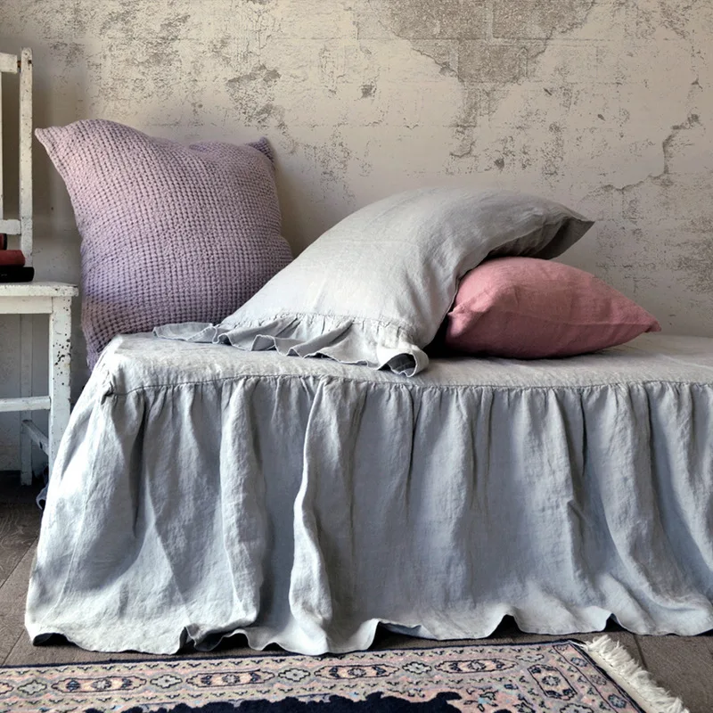 

100% Pure Linen Light Blue Bed Skirt Ruffles Long Drop with Split Corners, Easy Fit and Soft Bed Cover Bedding Queen King Size