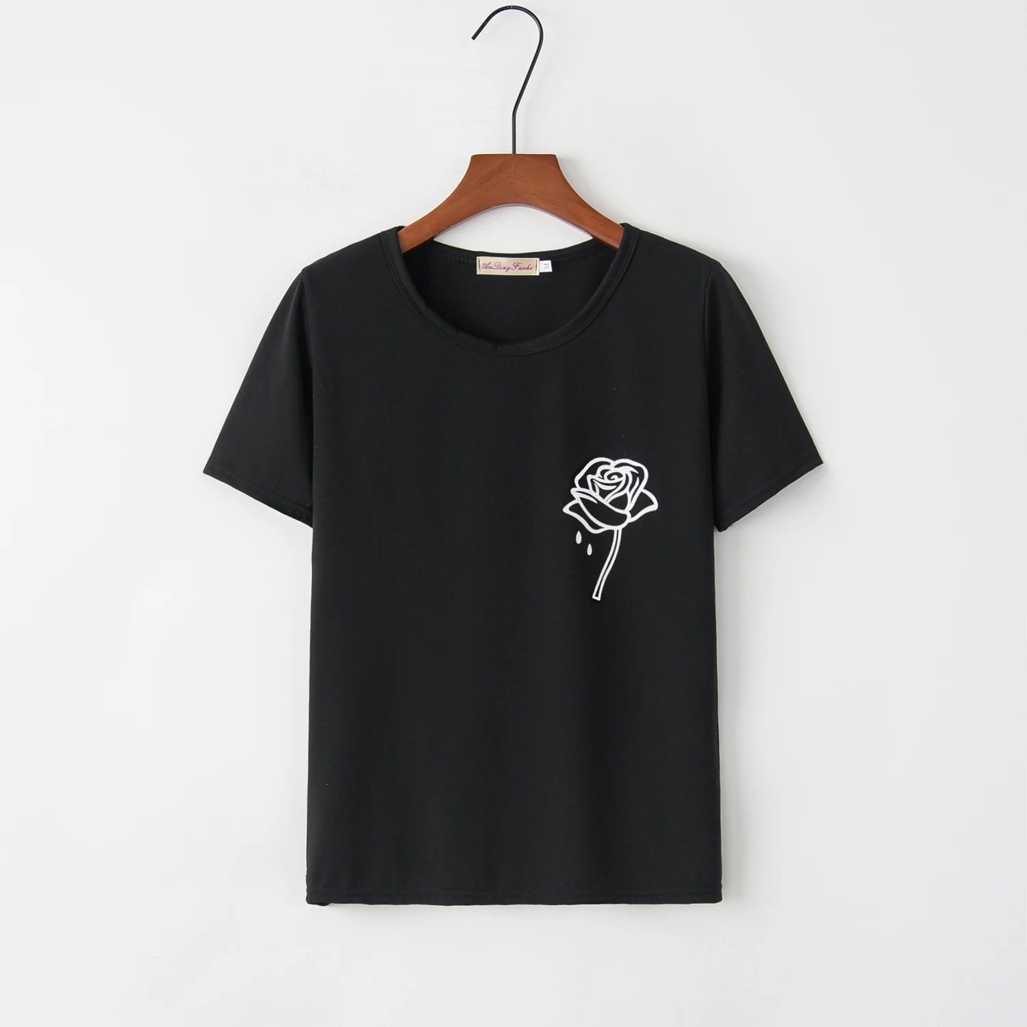 

2020 Summer New Women's T-shirt Rose Pattern Printed T-shirt Fashion O-Neck Short Sleeve Casual Shirt Black Plus Size S-XXL