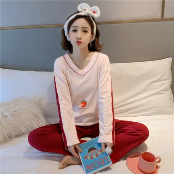 

2020 Spring and Autumn V-neck Pullover Cotton Pit Sweet Girl's Home Service Casual Long-Sleeved Pajamas Long Sleeves