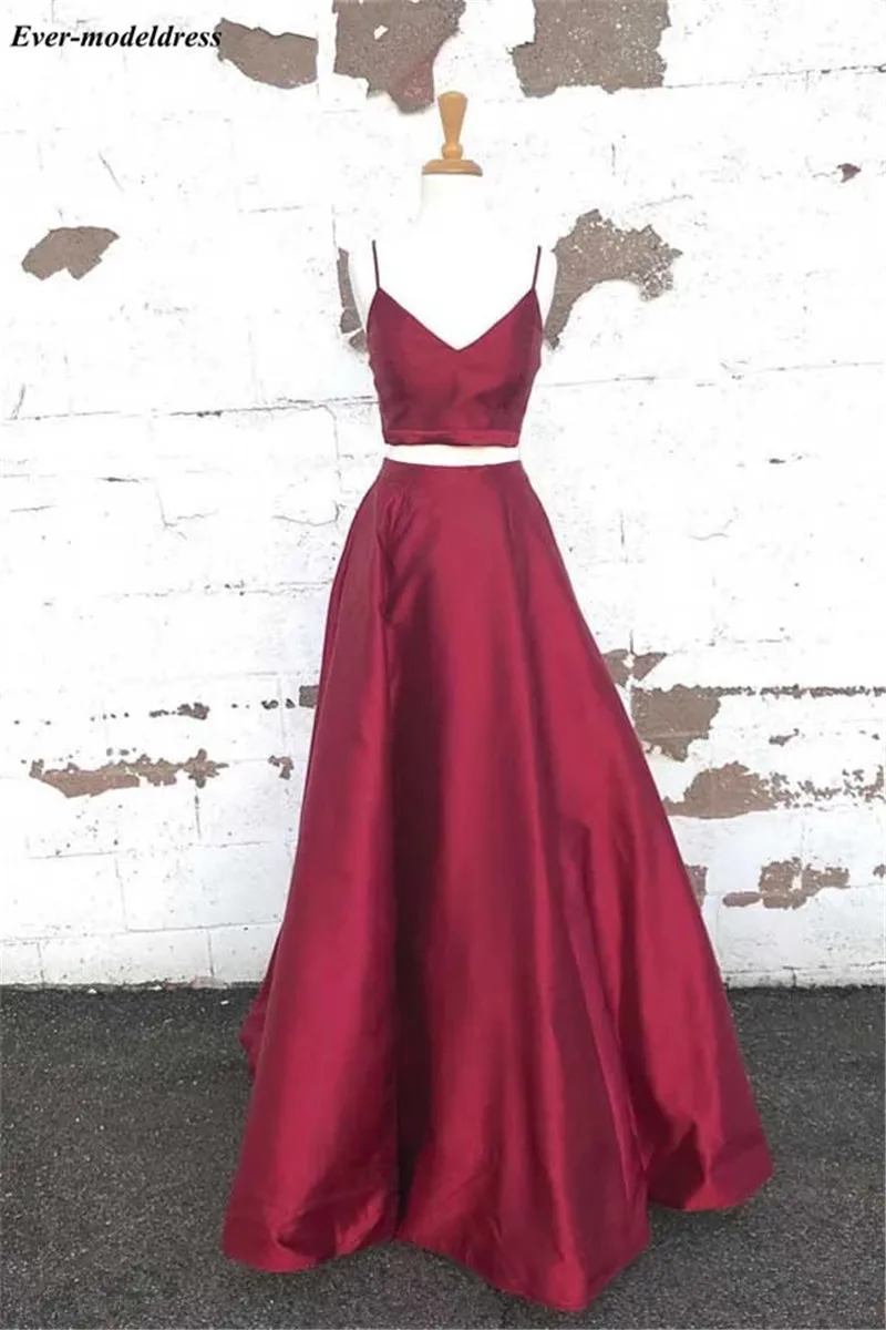 Two Pieces Red Prom Dresses Long Spaghetti Straps A-Line Simple Satin Evening Dress Formal Party Gowns Vestidos De Festa Cheap