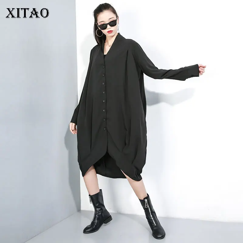

XITAO Irregular Black Pleated Dress Women Single Breast Elegant Patchwork Small Fresh Cross Border 2019 Autumn Dress WLD2615
