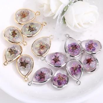 

6PCS 11x17MM 24K Gold Color Brass and Glass with Dried Flower Drop Shape Connect Charms Pendants Diy Jewelry Accessories