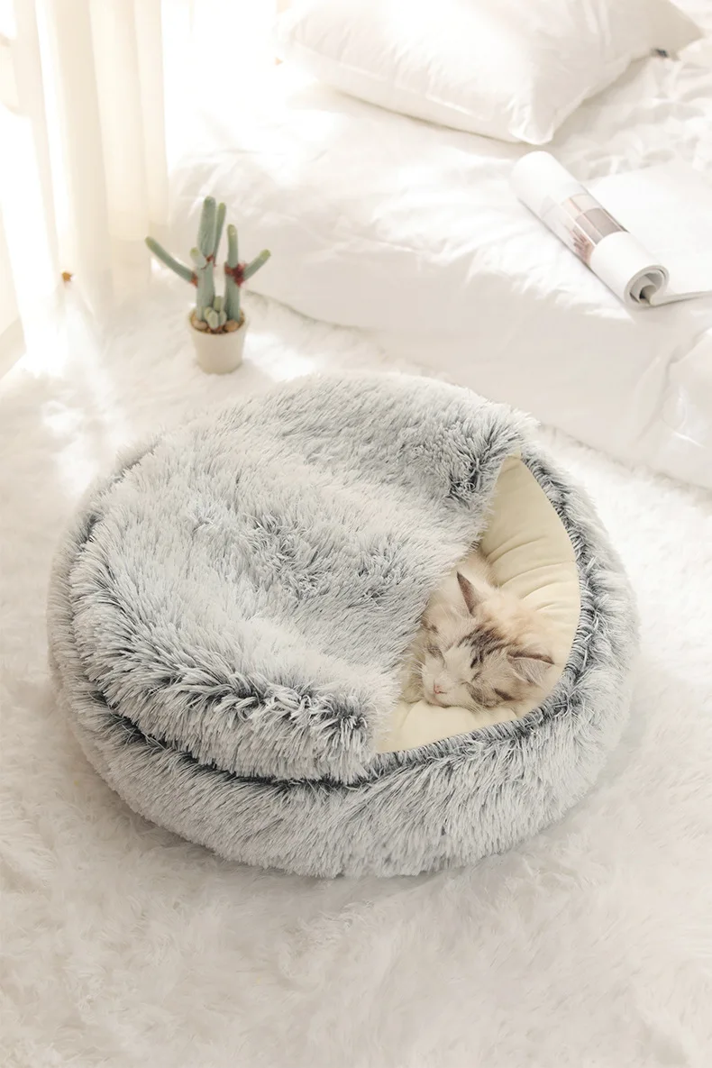 Winter Long Plush Round Cat Cushion with 2-in-1 Warm Cat Basket - Cat House, Sleep Bag, and Kennel for Small Dogs and Cats