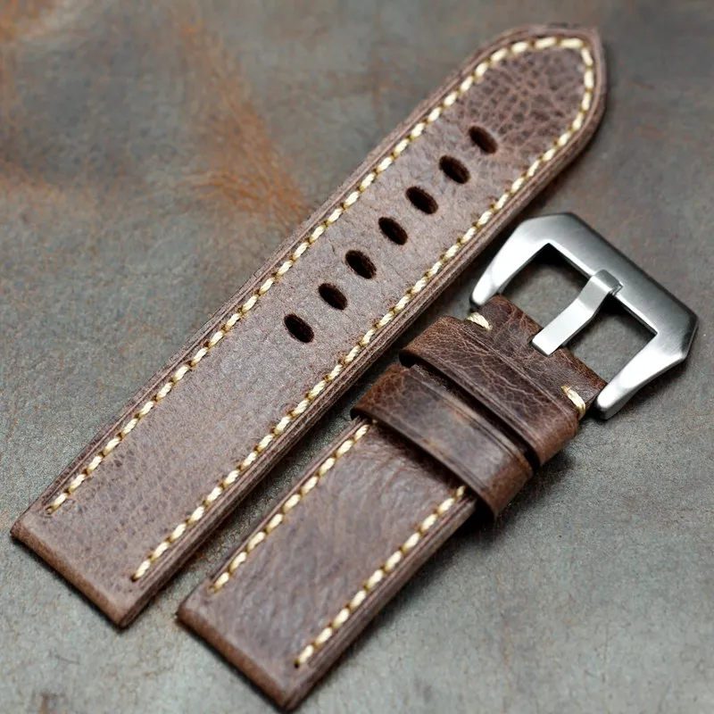 PATARY Handmade vintage cracked leather strap 24MM thick trimmed Italian calfskin strap For Panerai leather watchbands