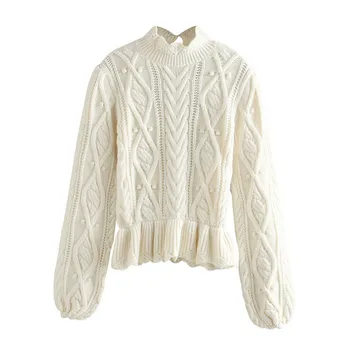 

Women 2020 Chic Fashion Ruffled Cable Knitted Sweater Vintage High Neck Puff Sleeve Female Pullovers Chic Tops