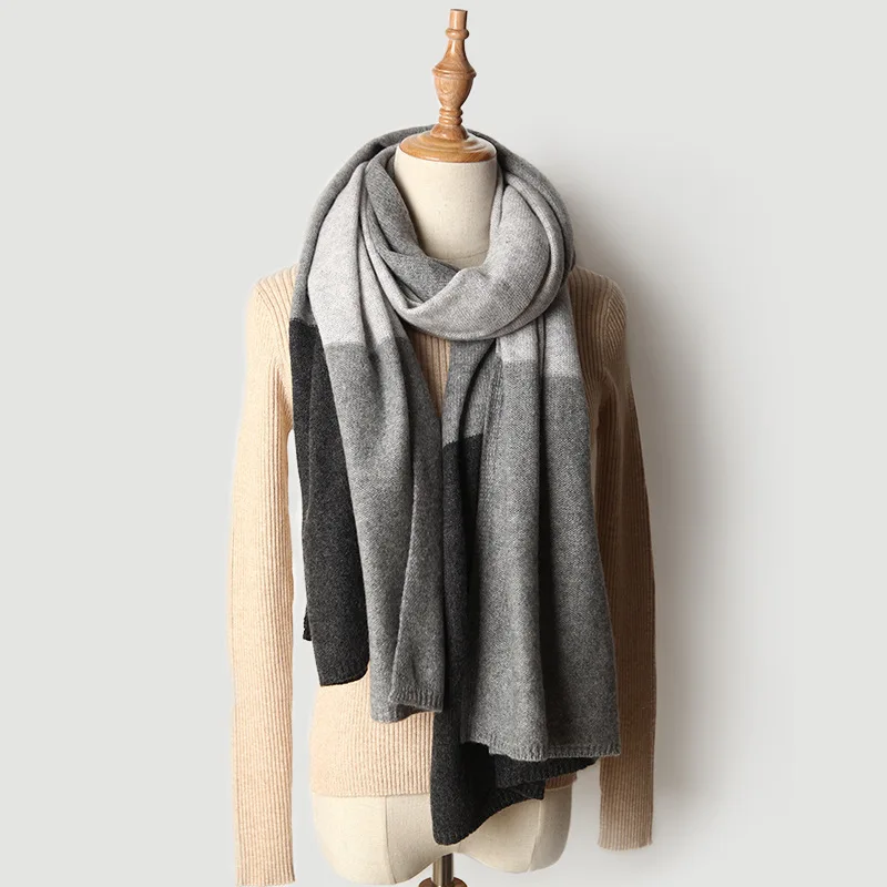 Natural Cashmere Scarf Luxury Winter Warm Scarf Women Thicken Long Scarves Female Cashmere Wrap Pashmina Plaid Scarf - Цвет: Black Grey