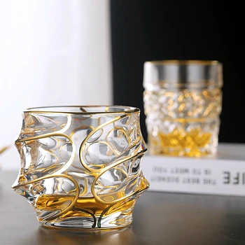 

Hot European Classical Thick Crystal Outline In Gold Luxurious Whiskey Tumbler Old Fashioned Verre Whisky Glass Chivas Vodka Cup