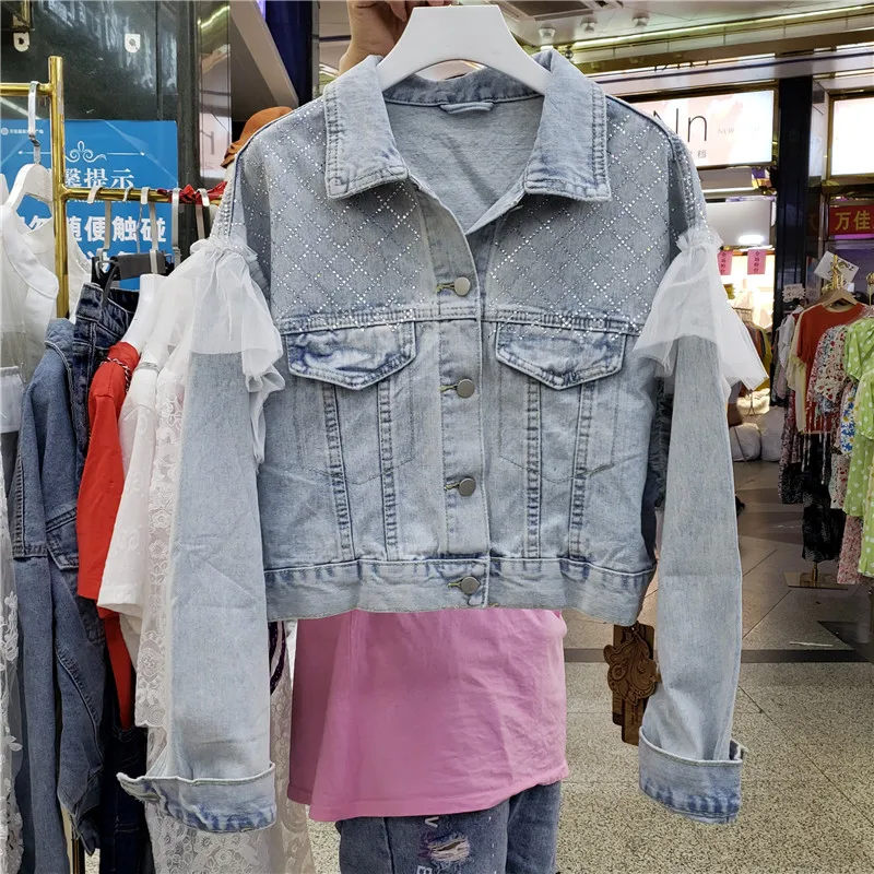

2020 Autumn New Sweet Stitching Mesh Sleeve Denim Jacket Coat for Womens Diamond Loose Short Jeans Coats Vintage Jean Jackets