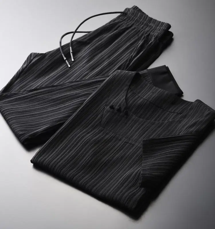 

Summer Men (T-SHIRTS+PANTS) Luxury Chinese Style Button Short Sleeve Mens Plus Size 4xl Stripe Slim Man Sets