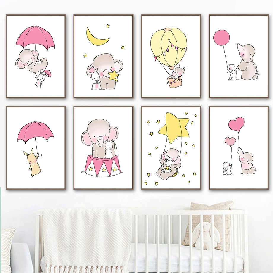

Umbrella Star Moon Cute Elephant Rabbit Nordic Posters And Prints Wall Art Canvas Painting Cartoon Wall Pictures Kids Room Decor