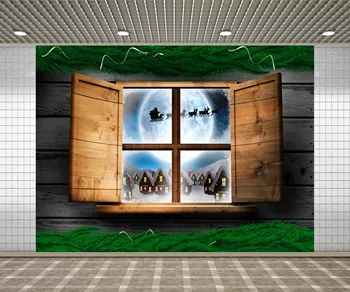 

Lyavshi Photography Backdrops Christmas Village Snow Moon Elk Wooden Window Background Customize Photo Booth Studio Props