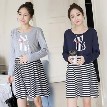 

Maternity Clothes Lactation Garment Autumn Clothing Long Sleeve Mock Two-Piece Mid-length Maternity Dress