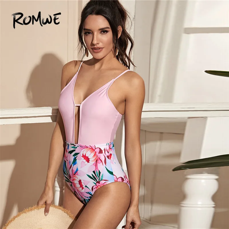 Romwe Sporty Floral Print One Piece Swimwear Women Summer Sexy Bathing Suit Spaghetti Strap High Waist Swimwear Pink Monokini