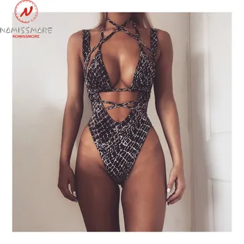 

Women Swimsuit Bodysuits Hollow Out Design Sleeveless Backless Sling Halter Leopard Crepe Snake Skin Print Bandage Bodysuits
