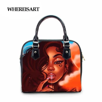 

WHEREISART Women Shoulder Handbags Black Queen African Girls Purse Messenger Bag Ladies PU Leather Hand Totes Females Bolsa