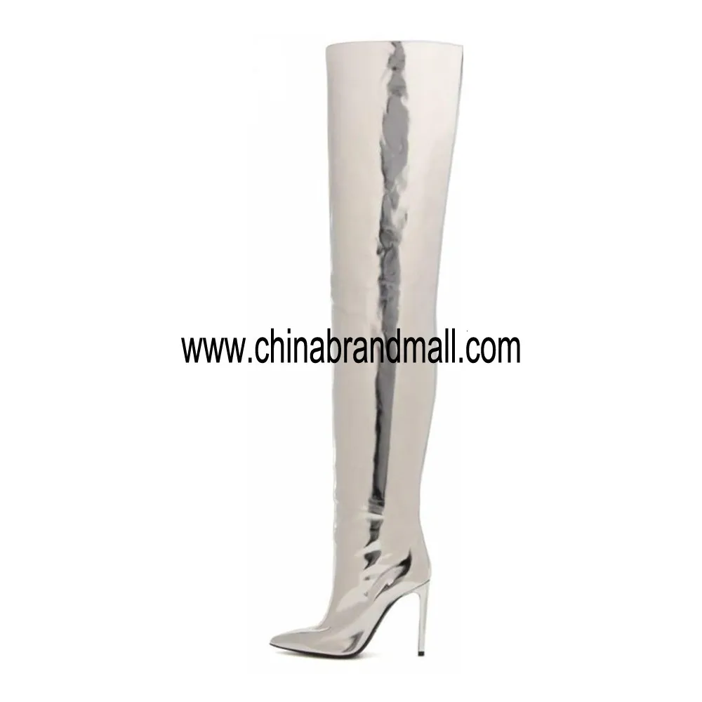 

Luxury Design Patent Leather sliver Over the Knee Boot Thin High Heel Women Sexy Long Booties Pointed Toe Women Pump Thigh Boots