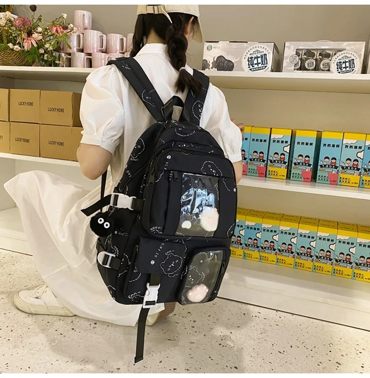 Female Japanese Harajuku Ita Bag Ladies Retro Kawaii Bear Print Backpack New Cute Pendant Large Capacity Student School Bag 6