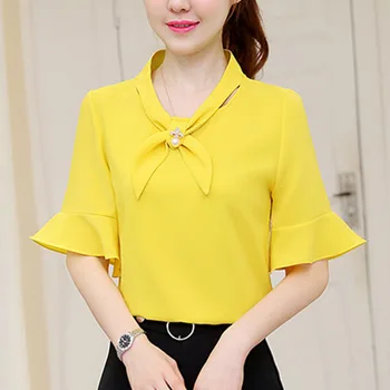 

Blusas mujer de moda 2020 women tops and blouse for women solid chiffon short ladies tops Bow Flare Sleeve white clothes 0567
