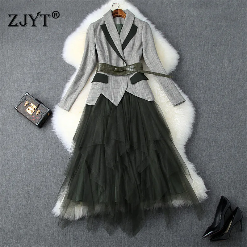 Designer Autumn Winter Dress Suit Women's Elegant Notched Plaid Belted ...