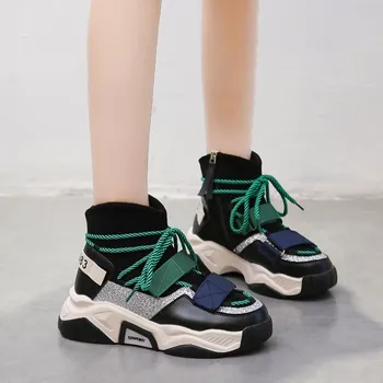 

Spring Leather Women's Platform Chunky Sports High-top Fashion Women Flat Thick Sole Shoes Woman Running Footwear E15-37