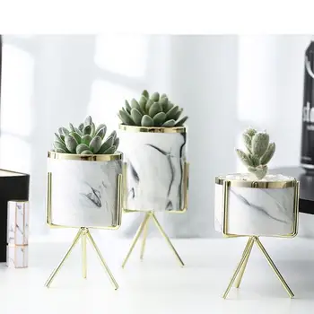 

Nordic Style Ceramic Flower Pot Planter Iron Frame Plant Holder Green Plant Flower Pot Desk Office Decoration Ornament