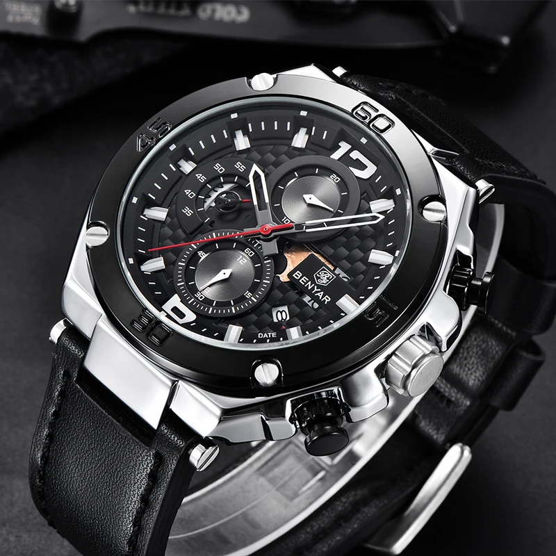 Benyar Luxury Men  Chronograph 2021 Top Brand Leather Man Quartz Watch Military Waterproof Watch Clock Montre Homme Reloj Hombre