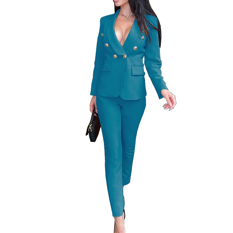 Pure color simple suit fashion long-Sleeved suit slim trousers two-Piece suit autumn and winter 2021 new casual women
