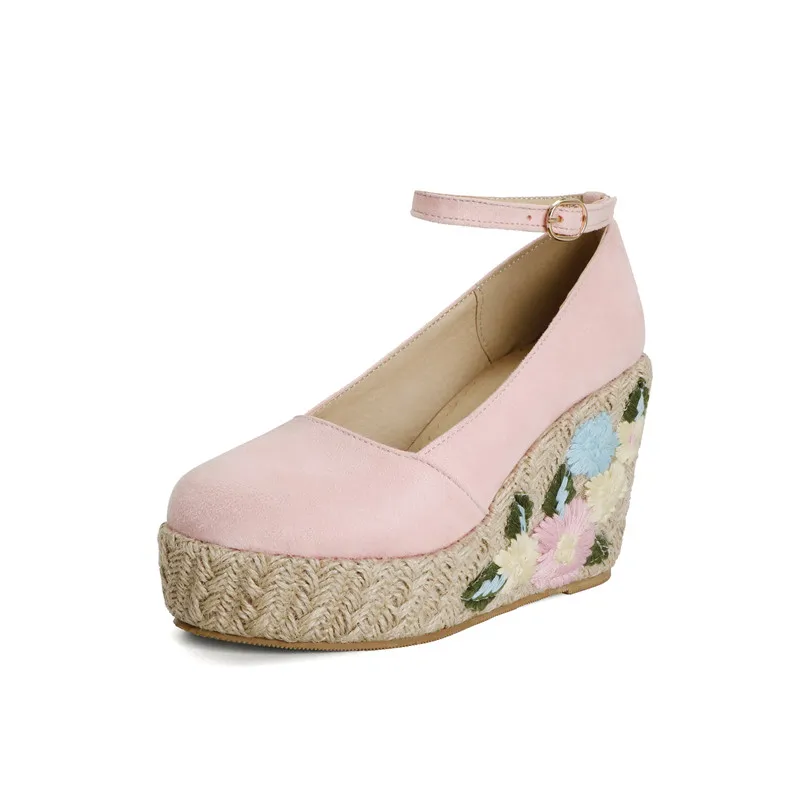 

YMECHIC Retro Canvas Embroidered Pumps Shoes Women 2021 Summer New Casual Elegant Linen Fabric Wedge Heel Loafers Big Size 34-43