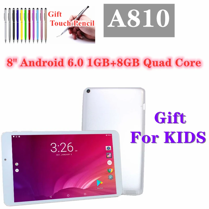 2022 Spring Sales Kid Tablet 8 INCH A810 Android 6.0 MTK8163 DDR3 1GB+8GB IPS Screen Bluetooth-Compatible Quad Core Dual Camera ipads for sale cheap