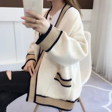  New Women Girl Fall Winter Cardigans Full Sleeve Knitted Sweaters V Neck Basic Knitwear Rainbow Jacket Loose Cardigans Tops 