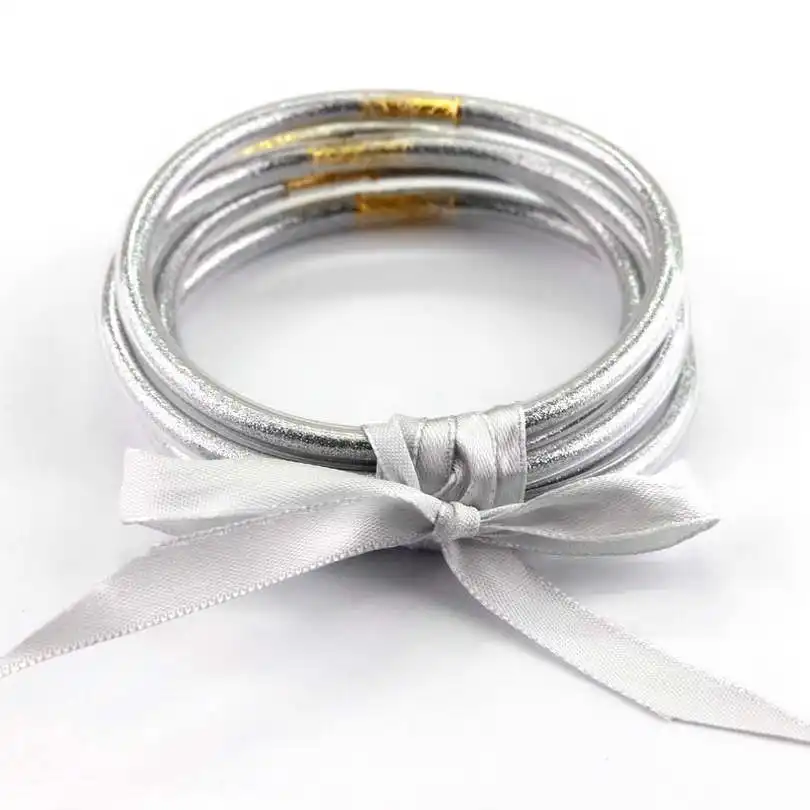 5 PCS/Set ZWPON Bowknot Gold Glitter Bangles Set All Weather Stack Silicone Plastic Glitter Jelly Bangles