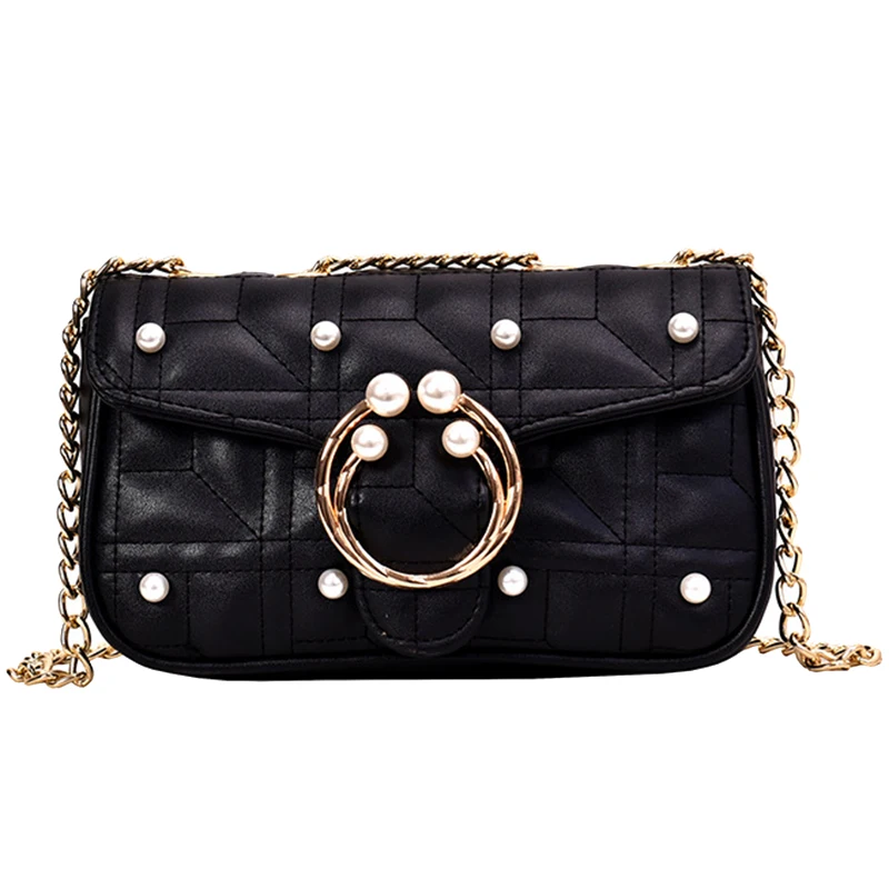 

ABZC-Pearl Small Square Bag Female New Fashion Korean Version Of the Shoulder Messenger Bag Wild Metal Chain Bag