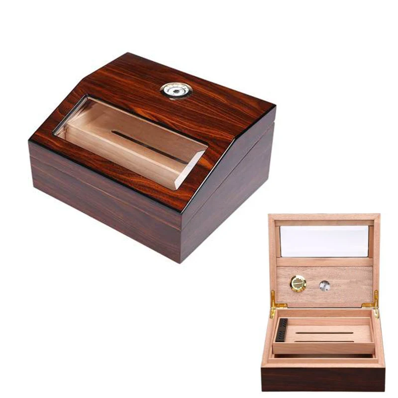 

Havana cigars Walnut Wood desktop Humidor High Glossy Cigar Moisturizing Box Glass Top Cigar Display Humidor puros habanos box