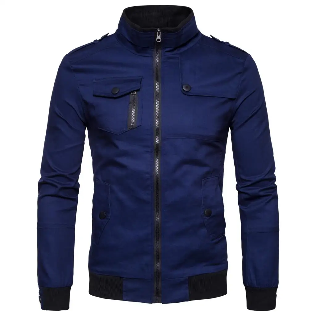 CYSINCOS новая осенне-зимняя куртка на молнии со стоячим воротником, мужская уличная куртка-бомбер, ветровка, мужские Базовые Куртки, размер S-XXL - Цвет: navy blue